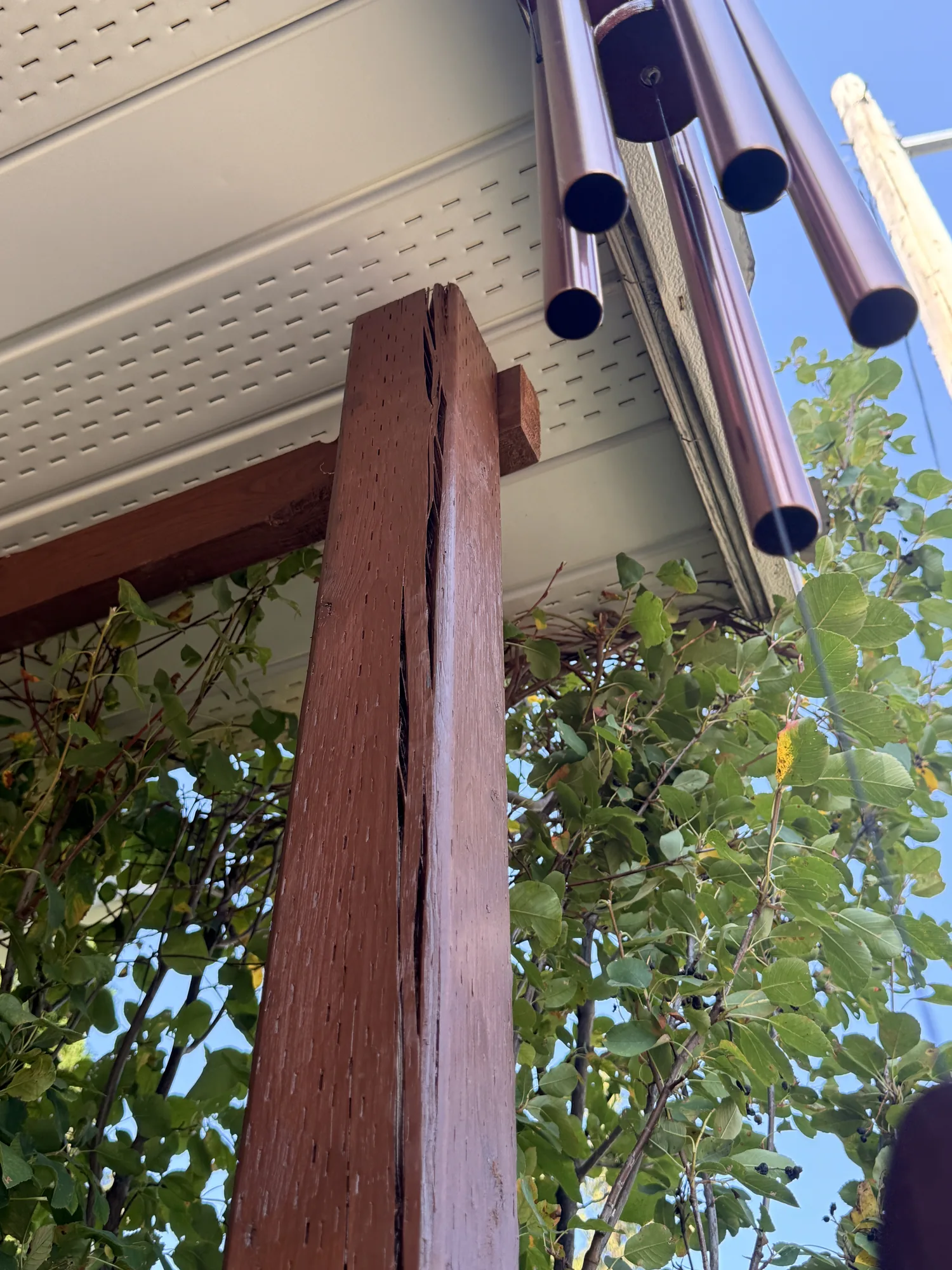 A stained beam fixed up under the soffit