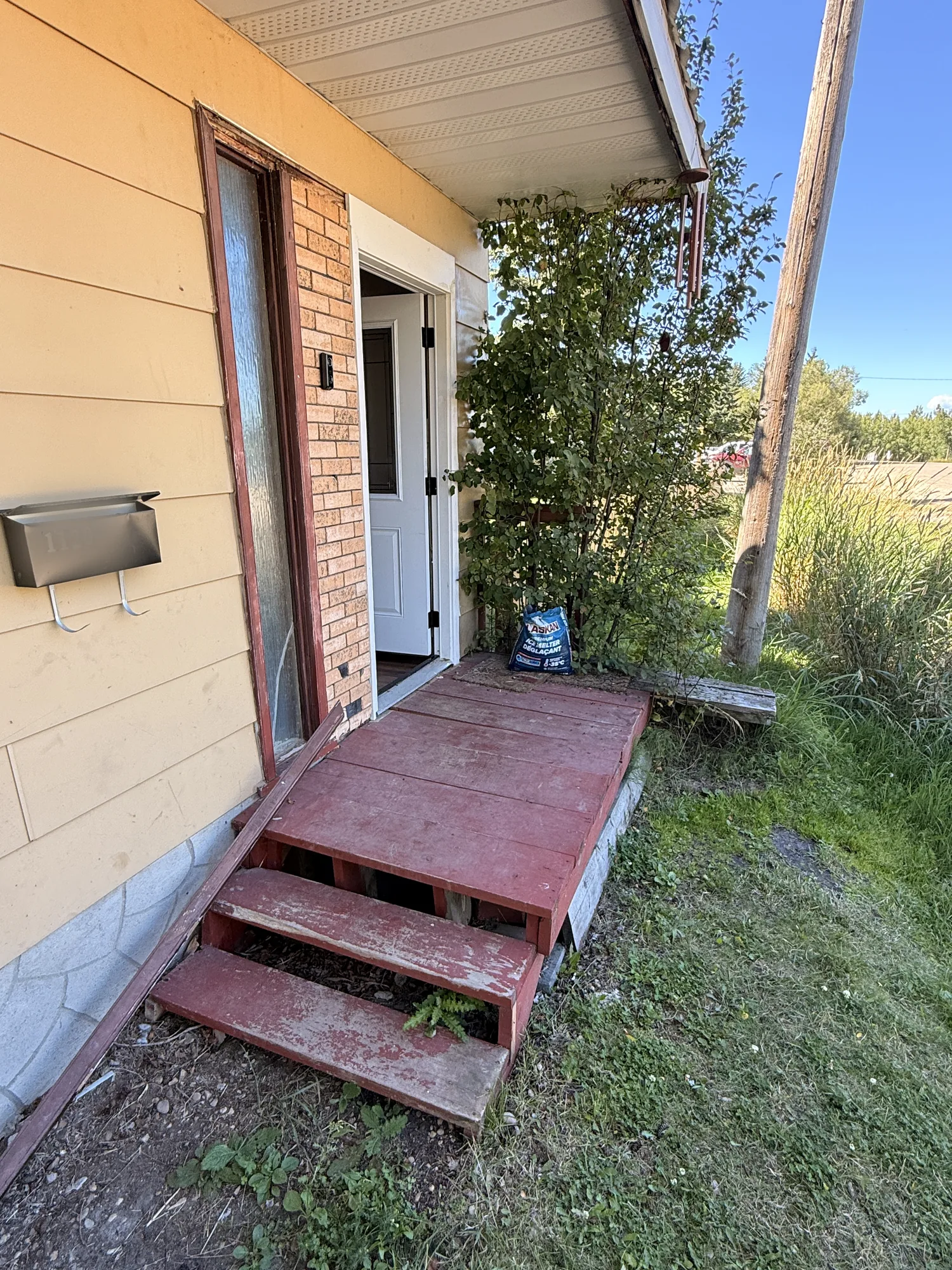The old red-painted porch and two steps before the rebuild