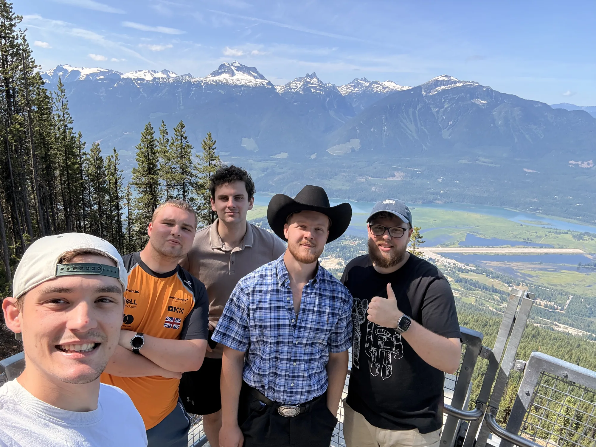 The five of us at the top of the Revelstoke gondola, snow-capped peaks behind
