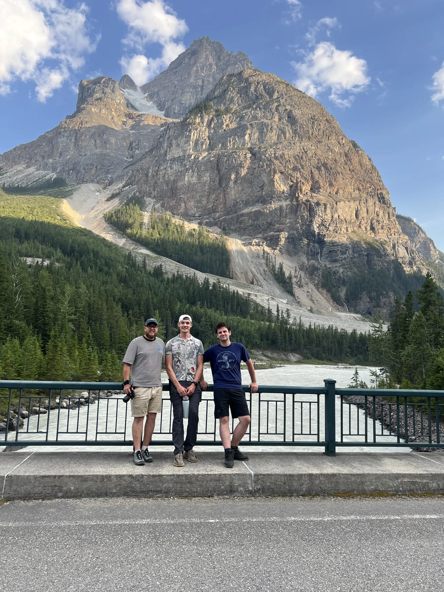 Three of us on a bridge below Cathedral Crags in Yoho